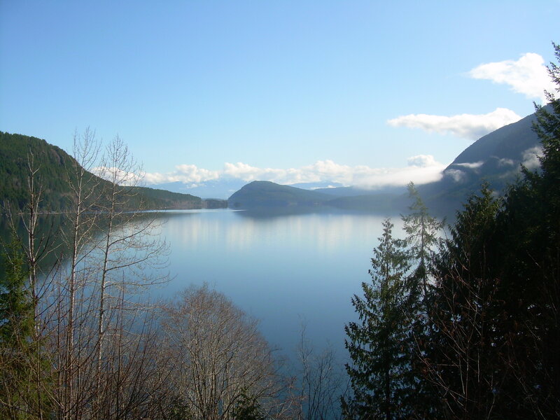 Lake surrounded by forested mountains