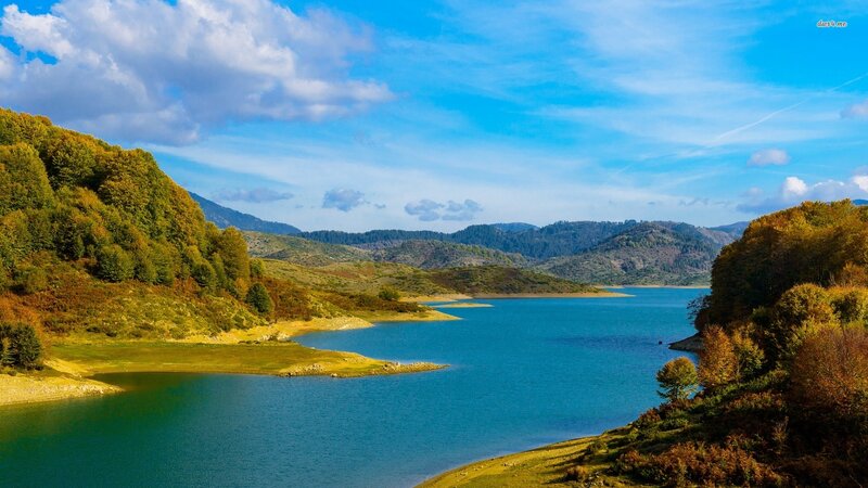 Lake Surrounded by Hills — Blue, Serene, Afternoon, Photograph, Trees, Sky