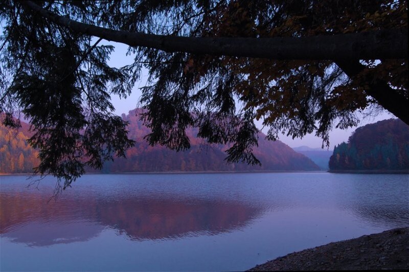 Lake Surrounded by Hills — Blue, Serene, Sunset, Photograph
