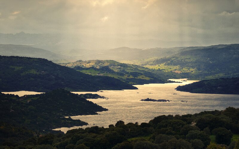 Lake Surrounded by Hills — Green, Serene, Afternoon, Photograph, Water, Clouds