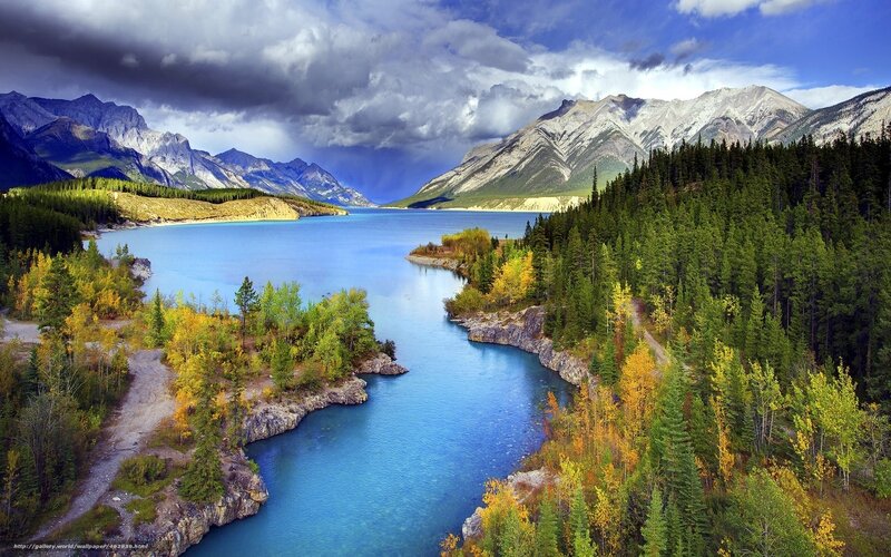 Lake Surrounded by Mountains — Blue, Dramatic, Autumn, Photograph, Forest