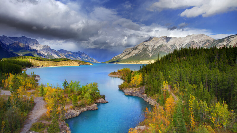 Lake Surrounded by Mountains — Blue, Dramatic, Autumn, Photograph