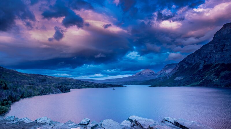 Lake Surrounded by Mountains — Blue, Dramatic, Sunset, Photograph