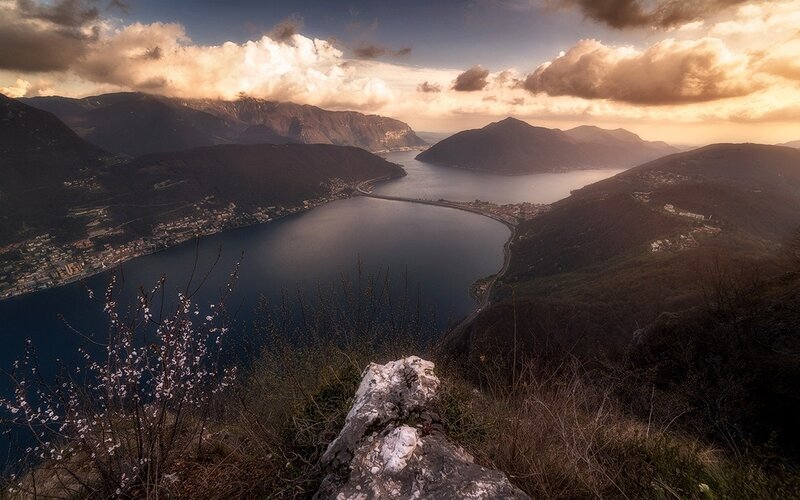 Lake Surrounded by Mountains — Blue, Dramatic, Sunset