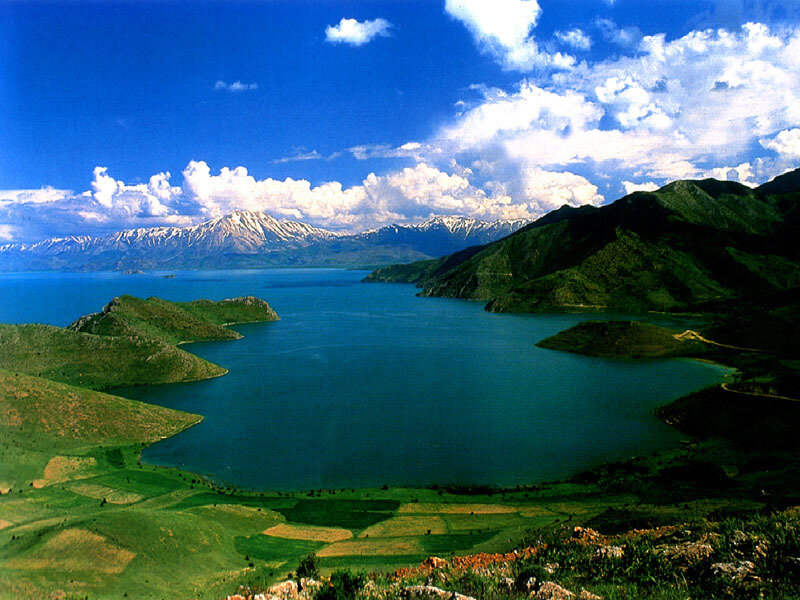 Lake Surrounded by Mountains — Blue, Serene, Afternoon, Photograph, Clouds, Green Hills