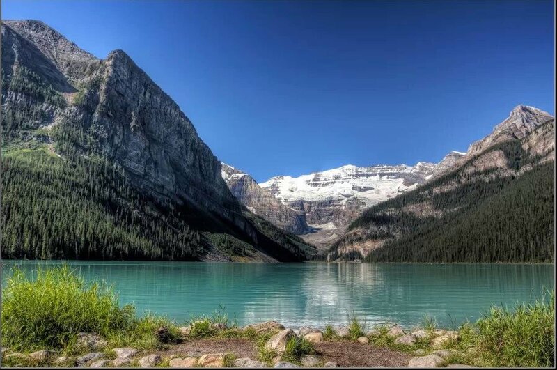 Lake Surrounded by Mountains — Blue, Serene, Afternoon, Photograph, Forest, Snow