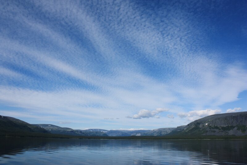 Lake Surrounded by Mountains — Blue, Serene, Afternoon, Photograph, Sky, Clouds, Water
