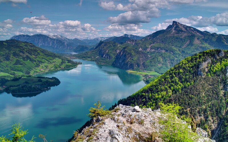 Lake Surrounded by Mountains — Blue, Serene, Afternoon, Photograph, Trees, Paraglider