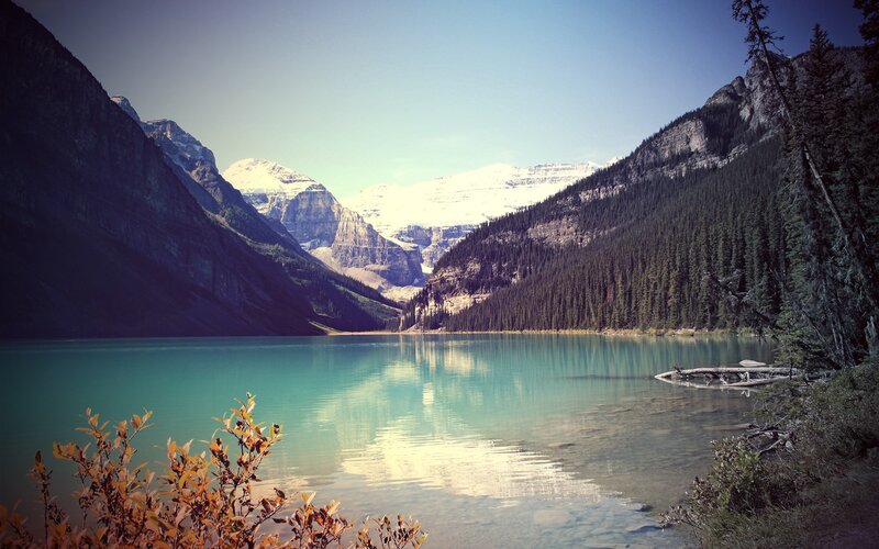 Lake Surrounded by Mountains — Blue, Serene, Afternoon, Photograph, Trees, Snow