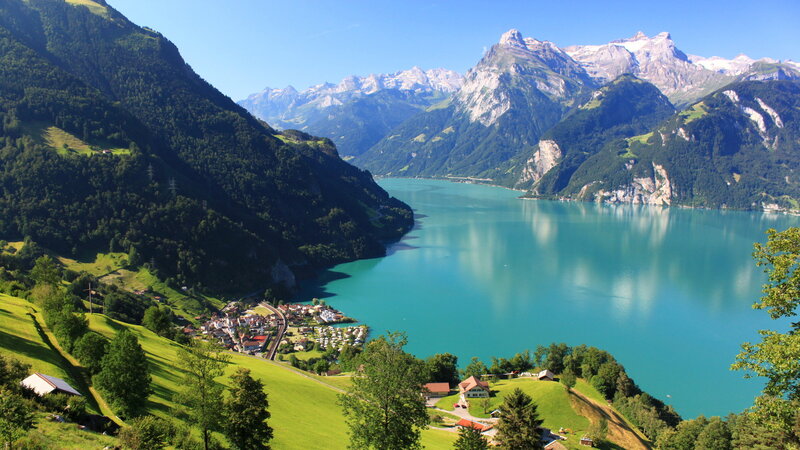 Lake Surrounded by Mountains — Blue, Serene, Afternoon, Photograph, Village