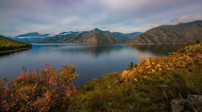 Lake Surrounded by Mountains — Blue, Serene, Autumn, Photograph, Flowers