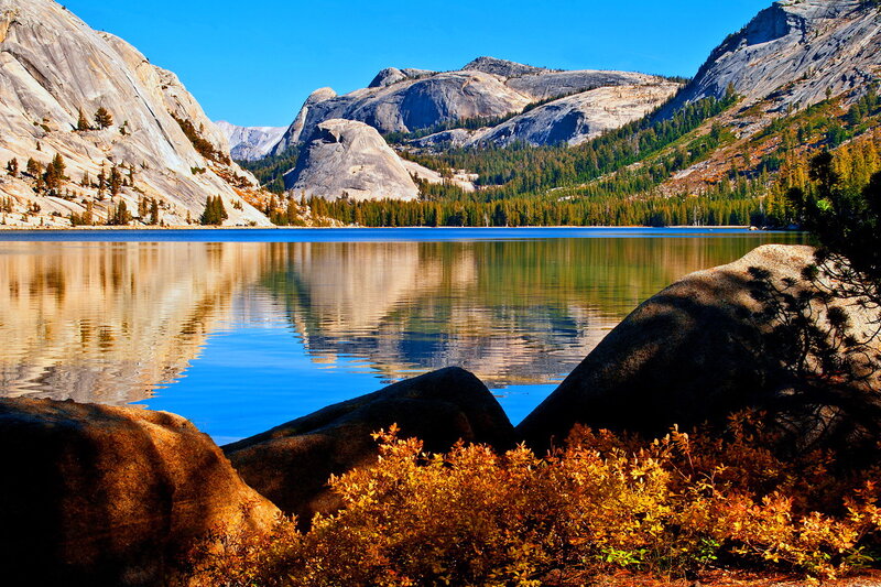 Lake Surrounded by Mountains — Blue, Serene, Autumn, Photograph, Trees, Bushes