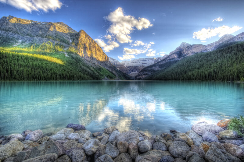 Lake Surrounded by Mountains — Blue, Serene, Morning, Photograph