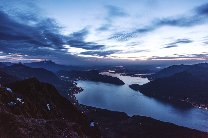 Lake Surrounded by Mountains — Blue, Serene, Night