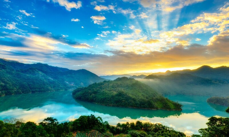 Lake Surrounded by Mountains — Blue, Serene, Sunrise