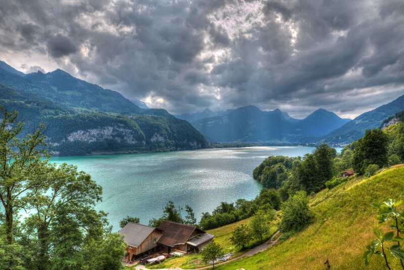 Lake Surrounded by Mountains — Green, Dramatic, Afternoon