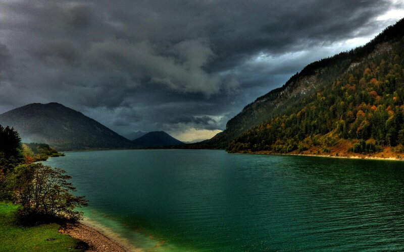 Lake Surrounded by Mountains — Green, Dramatic, Autumn, Photograph