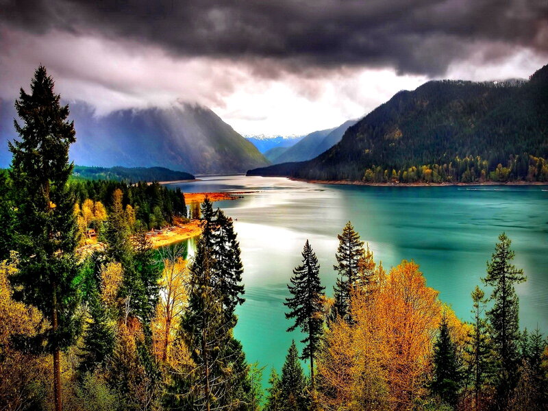 Lake Surrounded by Mountains — Green, Dramatic, Autumn