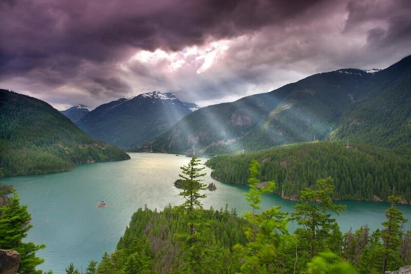 Lake Surrounded by Mountains — Green, Dramatic