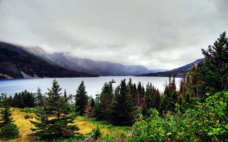 Lake Surrounded by Mountains — Green, Overcast