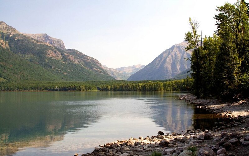 Lake Surrounded by Mountains — Green, Serene, Afternoon, Photograph, Trees, Shore