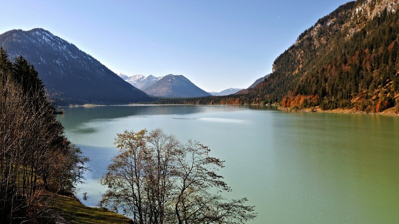 Lake Surrounded by Mountains — Green, Serene, Autumn, Photograph