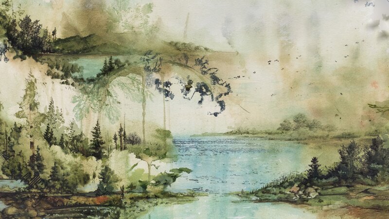 Lake Surrounded by Trees — Green, Serene, Painting