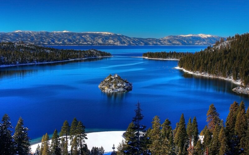 Lake Tahoe with snow-capped mountains