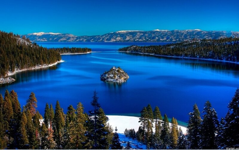 Lake Tahoe with snow-covered landscape