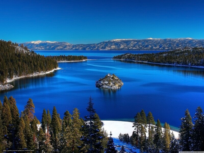 Lake Tahoe with snow-covered landscape