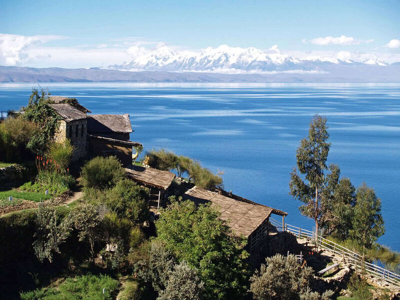 Lake Titicaca with snow-capped mountains