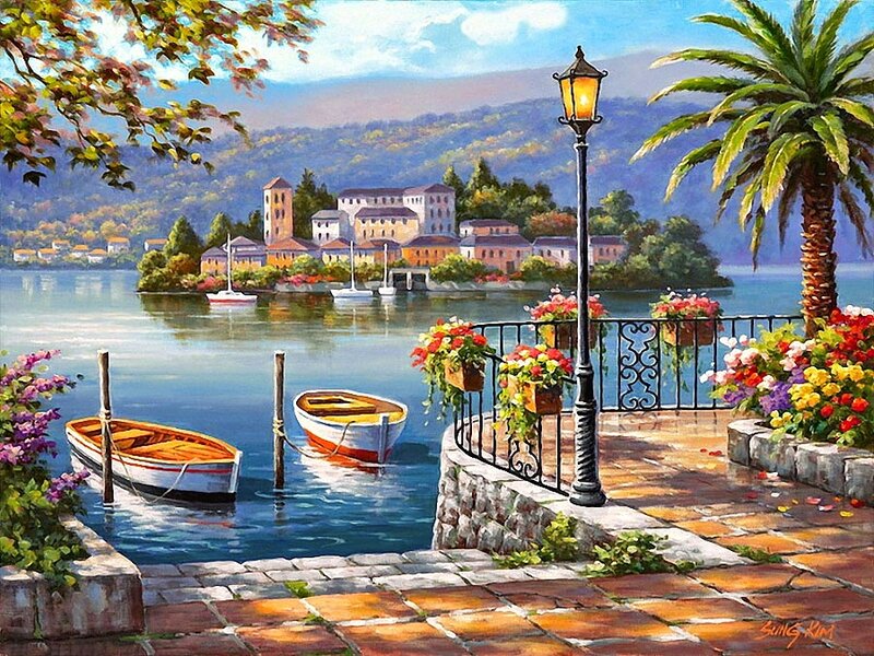 Lake Town with Boats — Blue