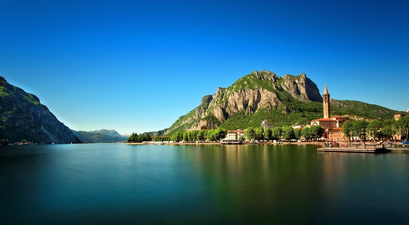Lake Town with Mountains — Blue