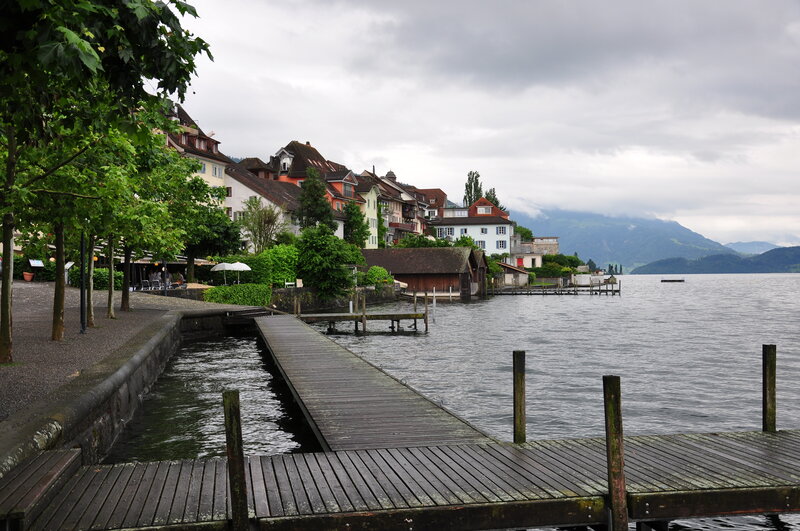 Lake town with wooden docks