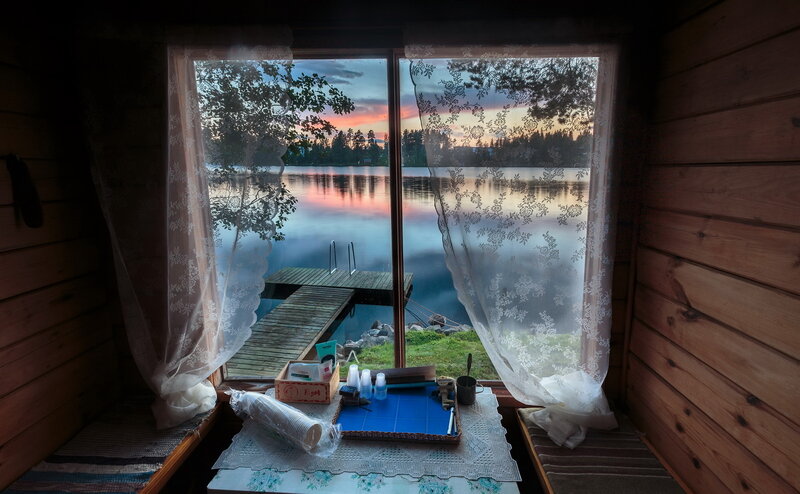 Lake View from Cabin — Blue, Serene