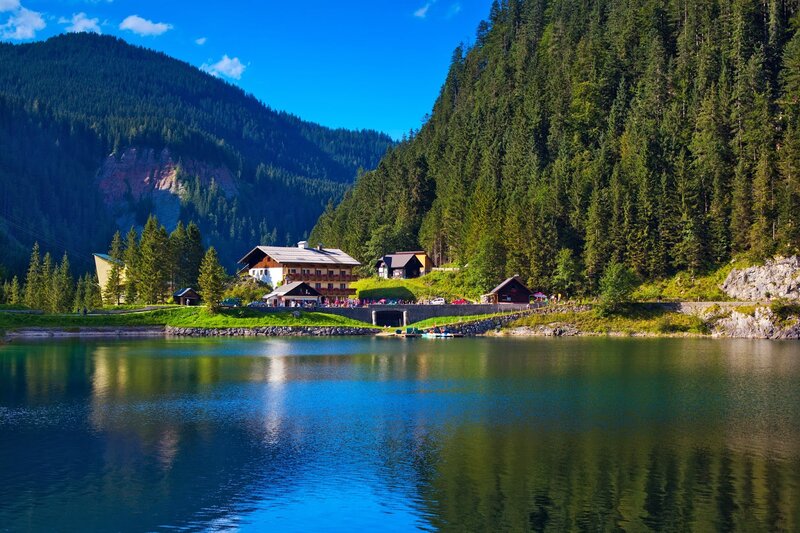 Lake with Alpine Houses — Blue, Serene