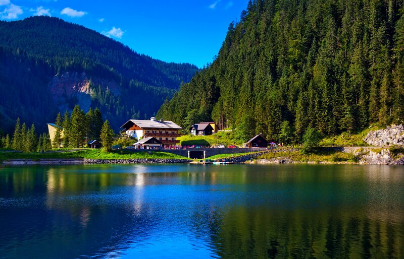 Lake with Alpine Houses — Blue