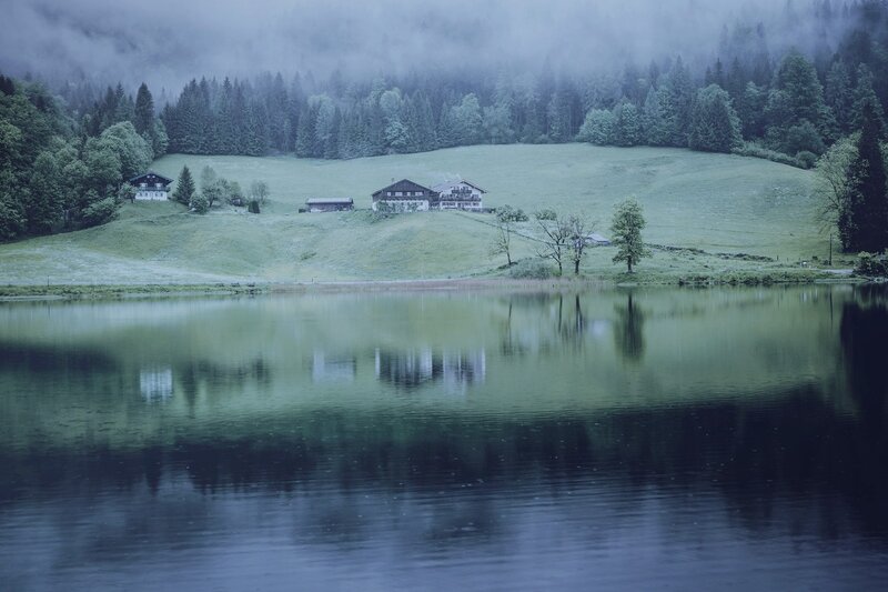 Lake with Alpine Houses — Green