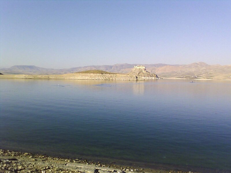 Lake with ancient fortress on island