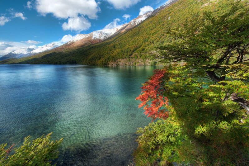 Lake with autumn trees and snow-capped mountains