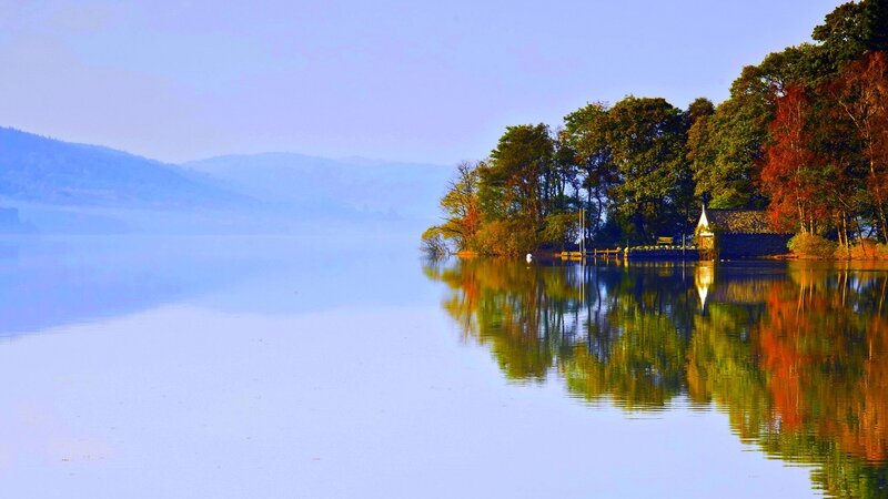 Lake with Autumn Trees — Blue, Serene, Morning