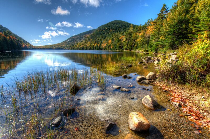 Lake with Autumn Trees — Blue, Serene, Photograph, Mountain, Rocks