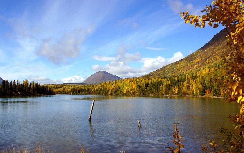 Lake with Autumn Trees — Blue, Serene, Photograph, Mountain, Sky, Wooden Post