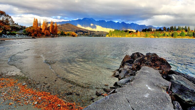 Lake with Autumn Trees — Blue, Serene, Photograph, Mountains, Rocks