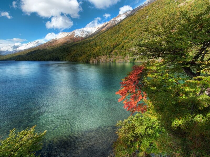Lake with Autumn Trees — Blue, Serene, Photograph, Mountains, Snow, Sky
