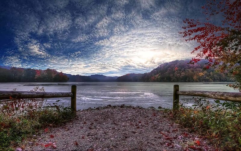 Lake with Autumn Trees — Blue, Serene, Photograph