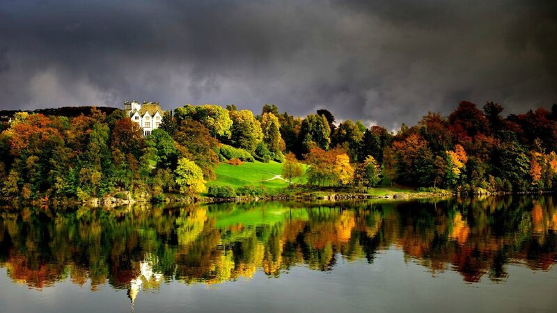 Lake with Autumn Trees — Green, Dramatic, Photograph