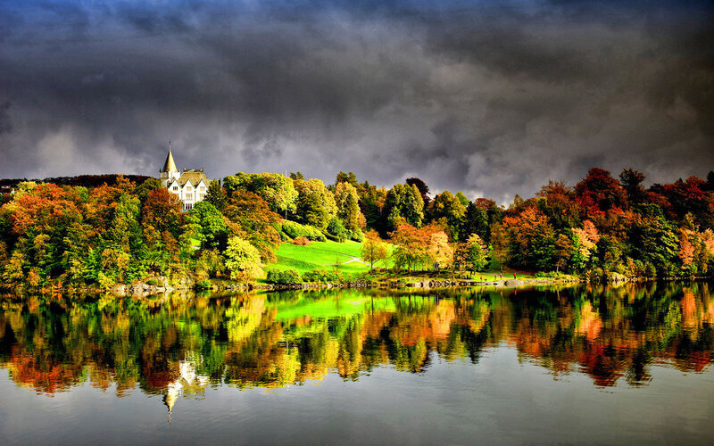 Lake with Autumn Trees — Green, Dramatic