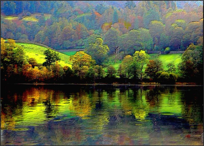Lake with Autumn Trees — Green, Serene, Digital Art, Hills