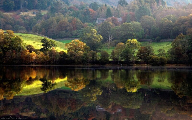 Lake with Autumn Trees — Green, Serene, Photograph, Hills